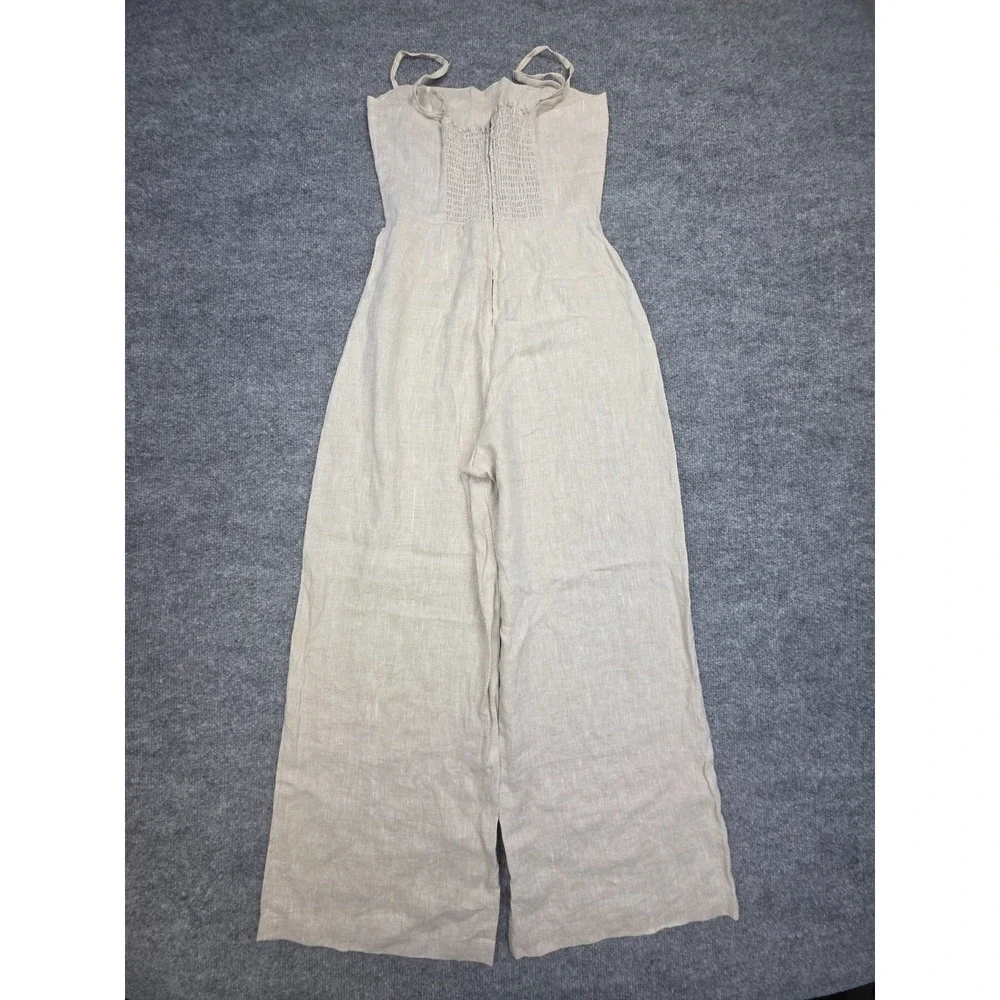 Reformation Linen Jumpsuit Women's 2 Beige Button Spaghetti Strap Wide Leg